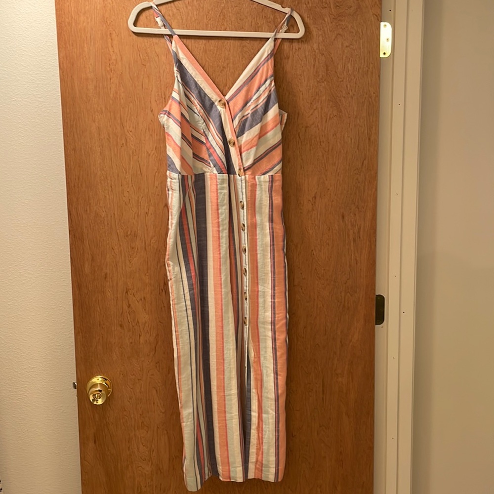Blue, coral and white stripped midi dress size large.